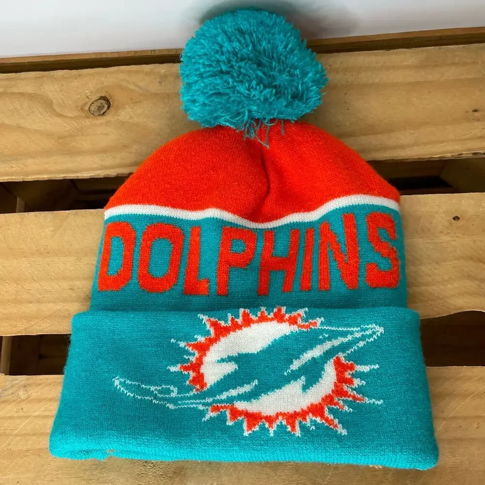Miami Dolphins Pom Pom Beanie Sherpa Lined  Kids Size